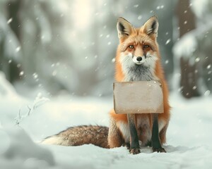 Fototapeta premium Fox Sitting in Snowy Forest Holding Blank Cardboard Sign