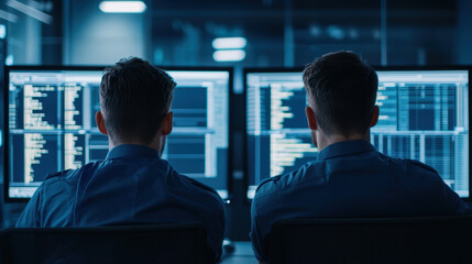 Cybersecurity professionals analyzing data on multiple screens, focused on their work. environment is modern and tech driven, highlighting importance of data security in todays digital age