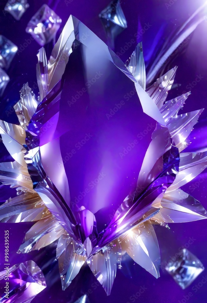 Poster a close-up view purple crystal with a unique, intricate design, surrounded by smaller crystals and a