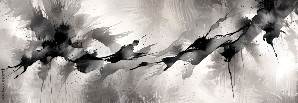 Poster Abstract black and white artwork featuring splashes of ink and splotches of paint, creating a dynamic and expressive visual composition
