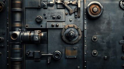 Rusty metal texture with industrial components and cogs.