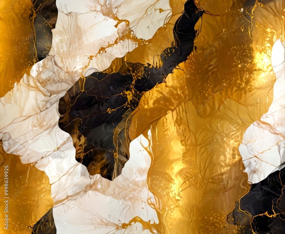 Poster an abstract composition of overlapping black and white marble-like textures, with splashes of gold and black paint, creating a dynamic and textured visual effect