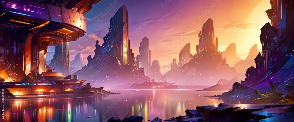 Poster a futuristic cityscape with towering, angular structures and a body of water reflecting the vibrant 