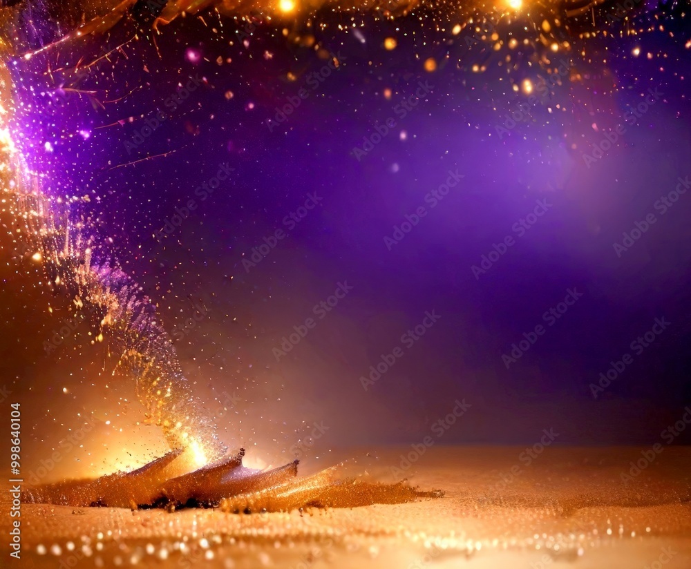 Poster a vibrant, abstract scene with a gradient of purple and gold hues, featuring a central explosion of 