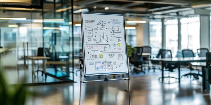 Modern office setting conference room whiteboard on easel flow chart gant