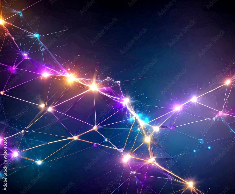 Poster a digital illustration network of interconnected lines and dots, creating a vibrant and dynamic visual effect The lines and dots are arranged in a