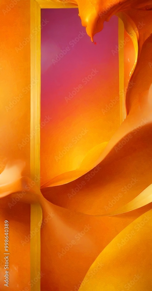 Poster a vibrant abstract composition with a gradient of orange and pink hues, creating a dynamic and visually striking effect The central focus is a large, curved shape that appears