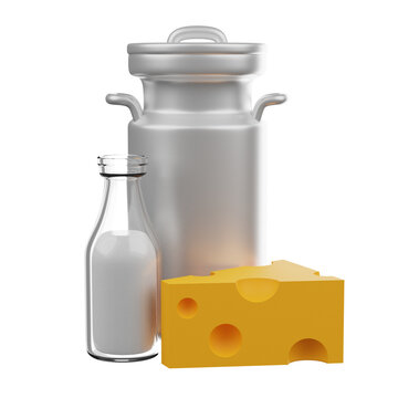 Milk container and Cheese 3D render cartoon icon 