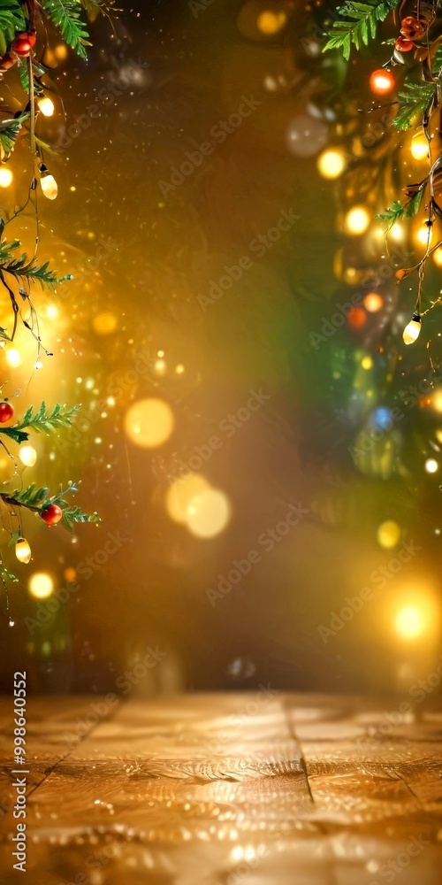 Poster a blurred, bokeh-filled background with a warm, golden glow, and a wooden surface with a reflective,