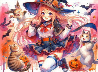 A watercolor painting of a cat and a girl.generated by AI.