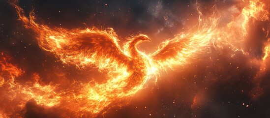 A fiery phoenix bird in flight, its wings spread wide against a background of swirling orange and red flames.