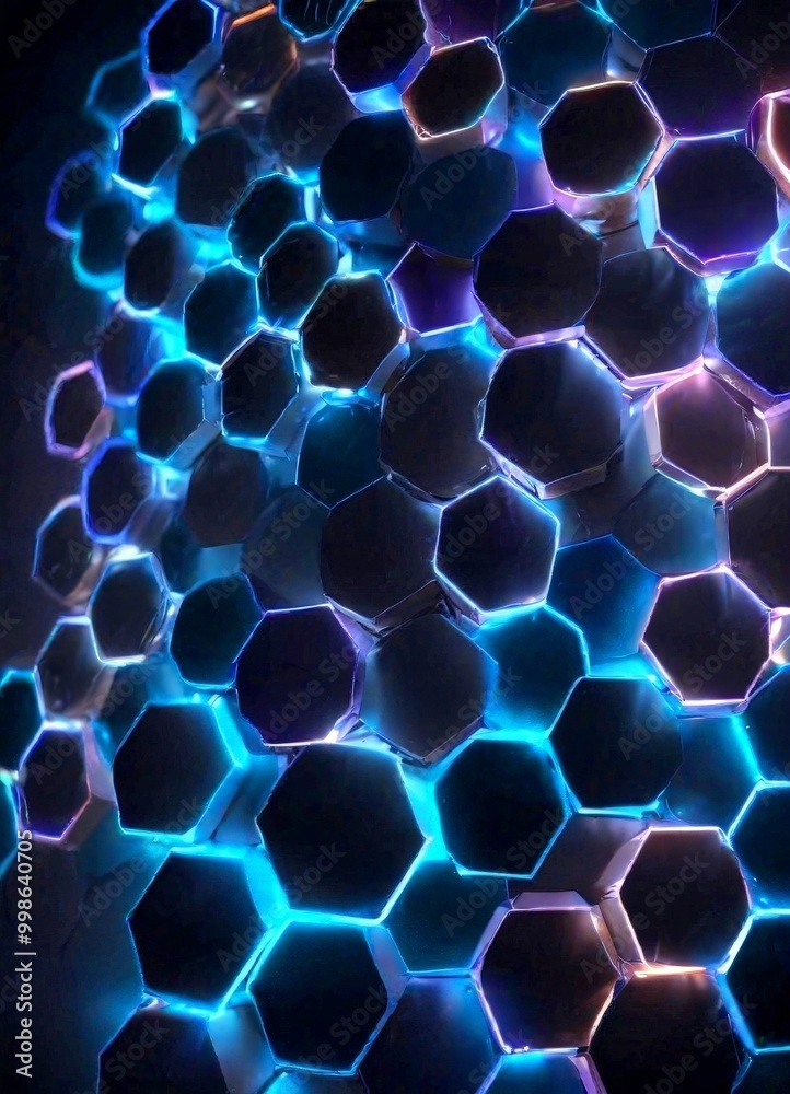 Poster a close-up view pattern of hexagonal shapes, with a gradient of blue and purple lights illuminating the dark background