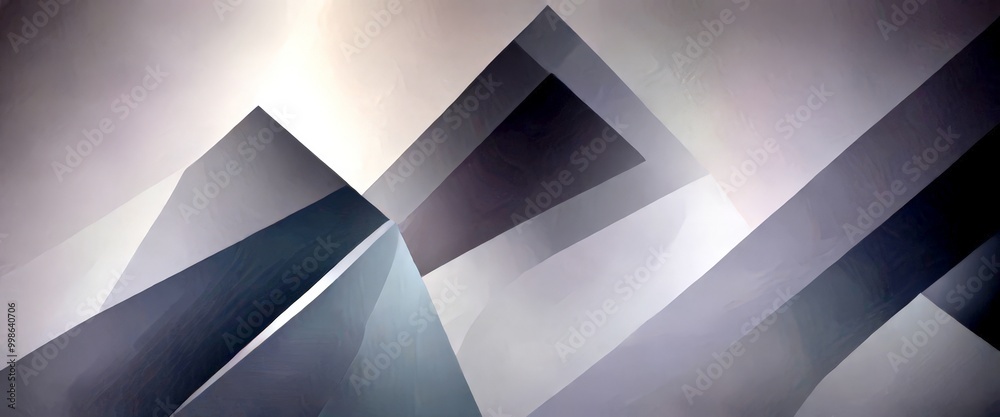 Poster a geometric abstract composition of overlapping triangular shapes in shades of gray and black, creating a sense of depth and dimensionality
