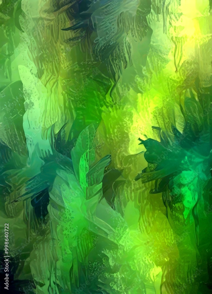 Poster an abstract representation forest, with a mix of green, brown, and black colors the background is fi