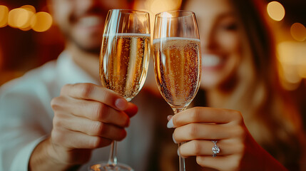 close-up of a man and woman clinking champagne glasses at a business event; champagne at wedding