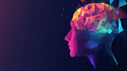 Abstract polygonal portrait of a human head in profile against a dark background.