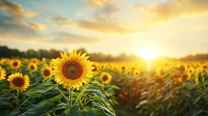 Obraz premium A single sunflower blooms in a field at sunset, surrounded by other sunflowers.