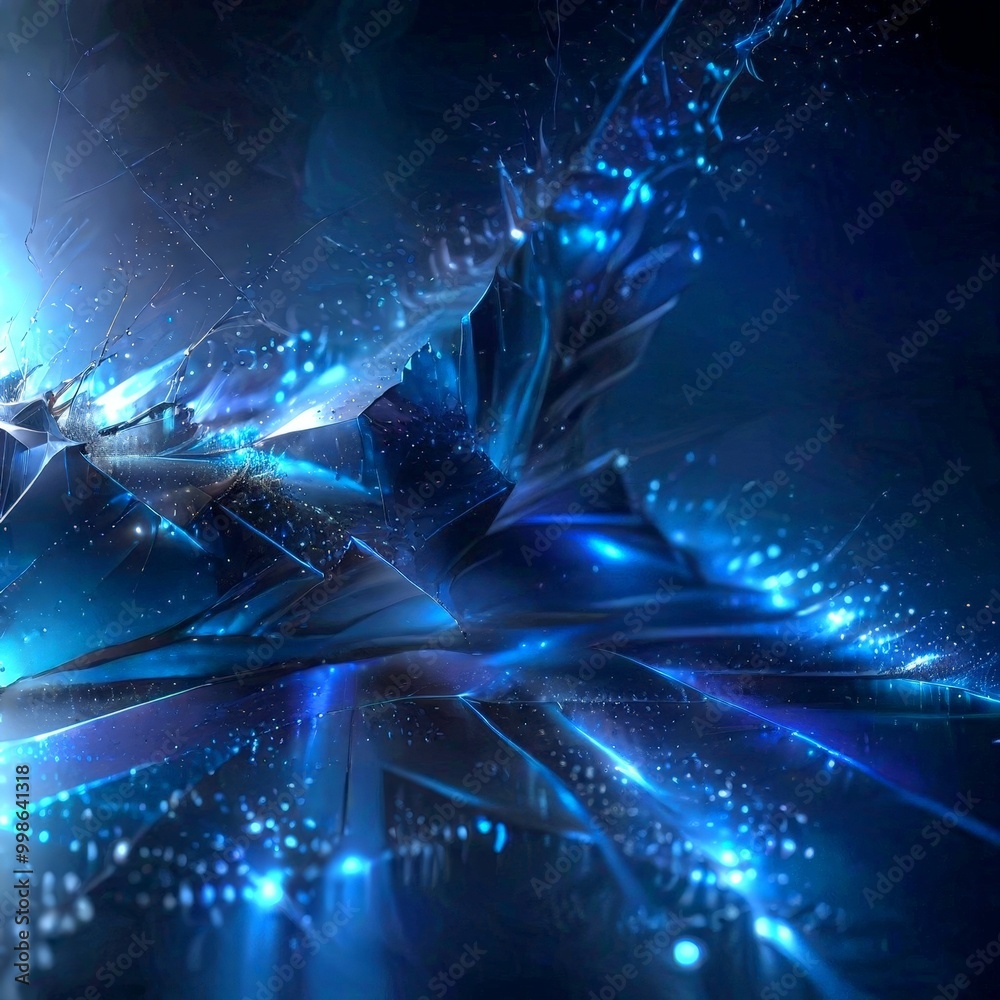 Poster a digital artwork featuring a dark blue background with abstract shapes and patterns, including a central point of light and a swirling, dynamic design