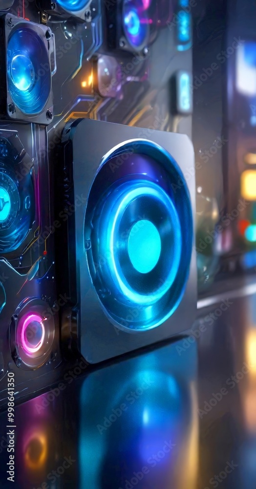Poster a futuristic computer cooling unit with a circular blue light at its center, surrounded by various o