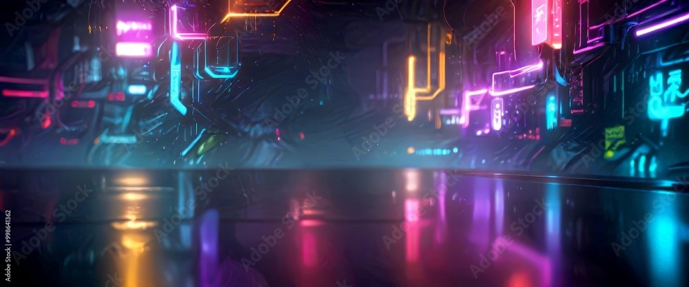 Aufkleber a futuristic cityscape with neon lights and reflective surfaces, creating a vibrant and dynamic atmosphere