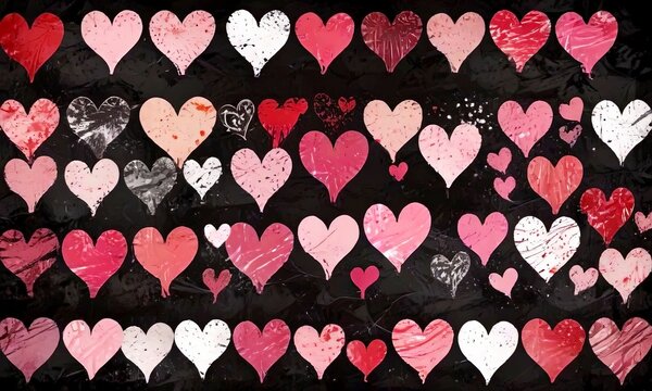 A grid of hearts in various shades of pink and red against a black background