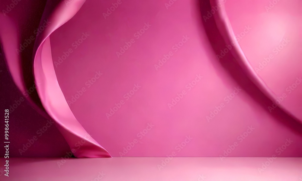 Poster a pink wall with a curved, flowing fabric on the left side, creating a dynamic and abstract composition