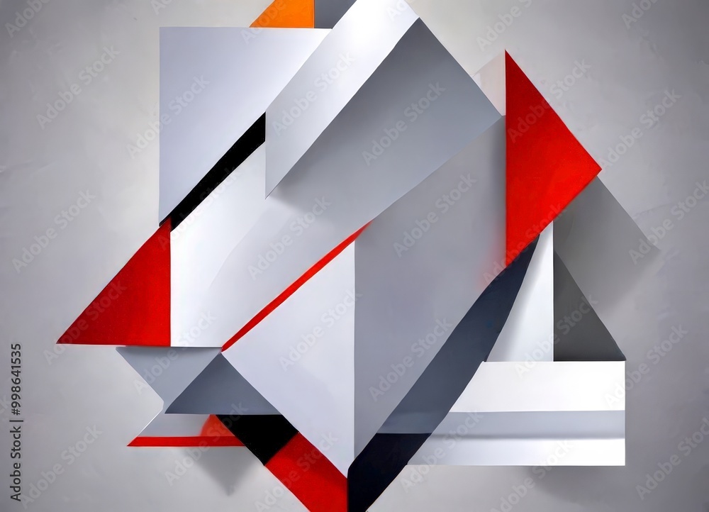Poster a geometric composition of overlapping triangles in various shades of gray, red, and white, creating