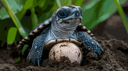 baby leatherback turtle emerging from egg 