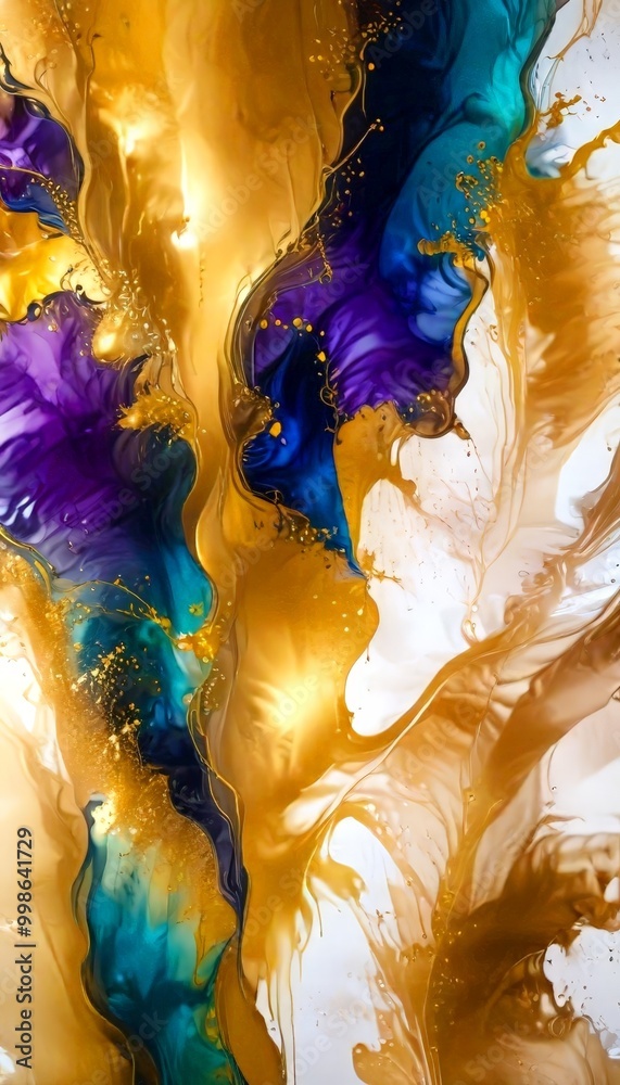 Poster an abstract painting featuring a swirling pattern of blue, purple, and gold colors, with splashes of