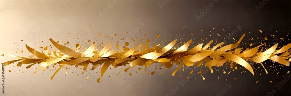 Poster a dynamic scene of golden paper leaves, scattered across a dark background, creating a sense of move