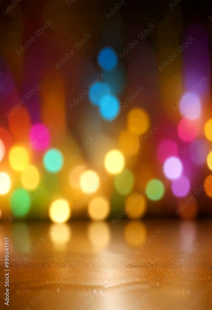 Poster a blurred of colorful lights reflecting on a wet surface, with a dark background