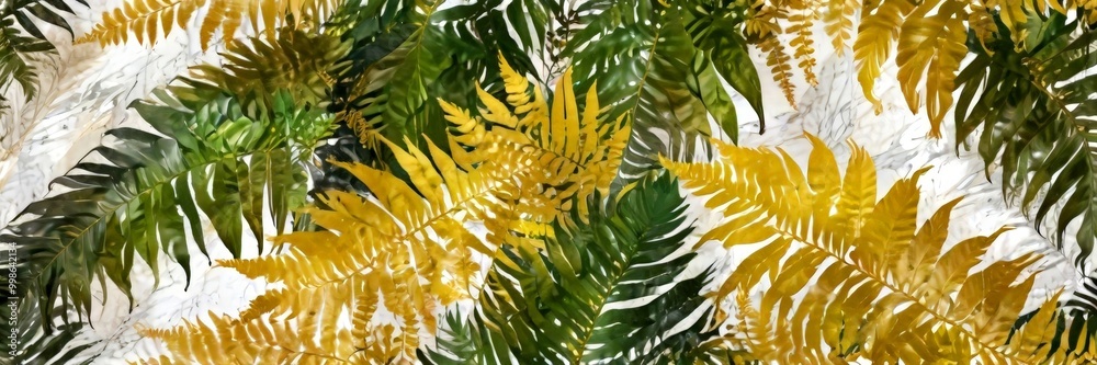 Leinwandbilder a close-up view dense collection of fern leaves in various shades of green and yellow, arranged in a