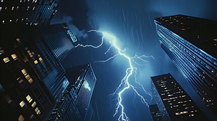 A bright and powerful lightning flashes over the skyscrapers of the business center of a big city, Business, collapse, stock market, economic crisis, financial crisis, ruin