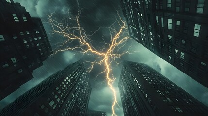 A bright and powerful lightning flashes over the skyscrapers of the business center of a big city, Business, collapse, stock market, economic crisis, financial crisis, ruin