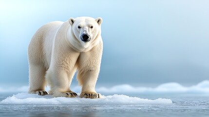 Fototapeta premium A majestic polar bear stands on a snow-covered ice floe, a clear blue sky with white clouds behind it.
