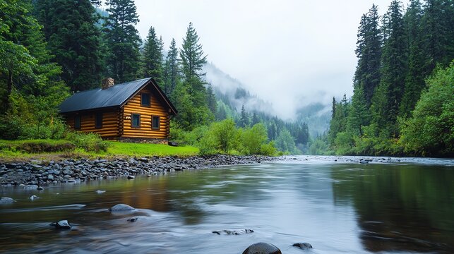A wooden cabin nestled in a lush forest setting, with a river flowing in the foreground. The scene is serene and peaceful, with mist rising from the mountains in the background.