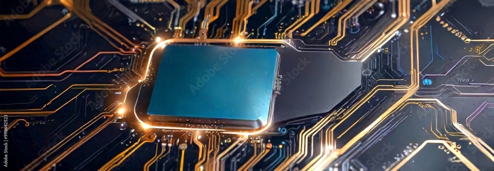 Aufkleber a close-up view computer chip on a circuit board, with intricate patterns of gold and black lines and traces