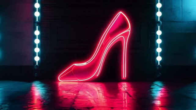 3d Illustration, Vintage glow signboard with red high heel shoe with neon light, Shiny neon poster, Banner, Shopping Concept	