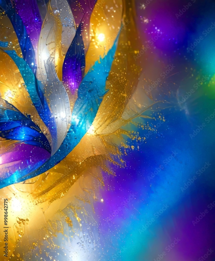 Poster a vibrant abstract composition with a gradient of blue, purple, and gold colors, interspersed with s