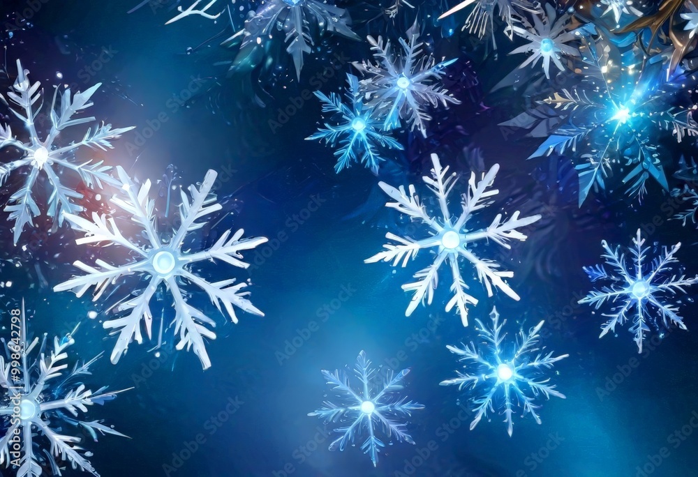Poster a digital illustration snowy scene with numerous snowflakes of various sizes and shapes, some with b