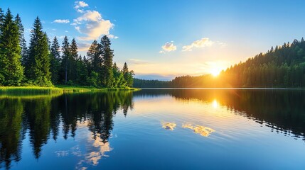 Obraz premium Serene sunset over a tranquil lake with lush green forest reflections.