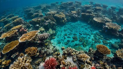 Fototapeta premium A mesmerizing aerial view of a vibrant coral reef, showcasing colorful underwater formations just below the surface of crystal-clear waters, surrounded by small waves, perfect for a tropical mobile wa