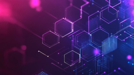 Abstract glowing purple and blue hexagonal shapes on a dark background.