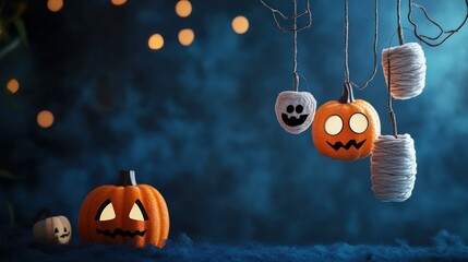 Halloween decorations with pumpkins and spooky ghosts, soft blue background.