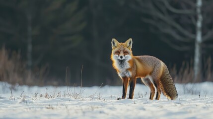 Fototapeta premium Red fox standing alert in snowy meadow under soft morning light with forest backdrop