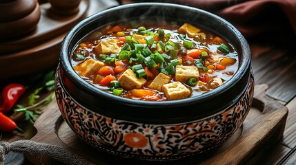 A vibrant bowl of hearty stew filled with vegetables and tofu, garnished with fresh herbs, served in a decorative pot.