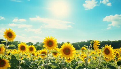 Obraz premium Sunflower Field. Sunflowers in Bloom. Sunflower Garden. Golden Hour Sunflowers. Sunny Sunflower Field.