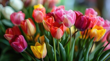 Flowers Spring Holidays And Home Decor Concept Bouquet Beautiful Tulips Floral Background