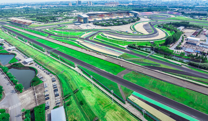 Aerial view of curvy racing track road in Shanghai