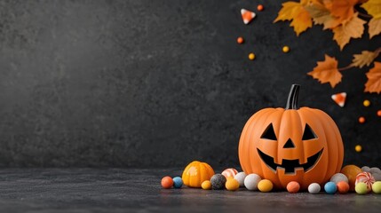 Halloween pumpkin with candies and autumn leaves on a dark background.